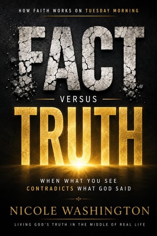 Book cover for Fact Versus Truth by Nicole Washington, featuring cracked stone FACT and glowing gold TRUTH on a black background, with subtitle When What You See Contradicts What God Said, author name in gold at the bottom, and tag Living God's Truth in the Middle of Real Life.