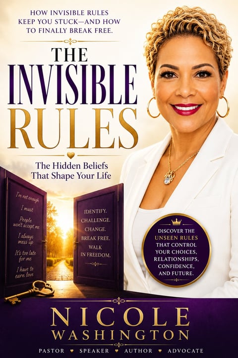 Book cover of The Invisible Rules by Nicole Washington featuring a woman in white jacket next to an open door with golden light
