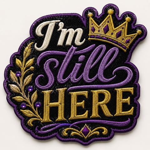 Embroidered patch with purple and gold text reading Im Still Here with a crown and ornate flourishes