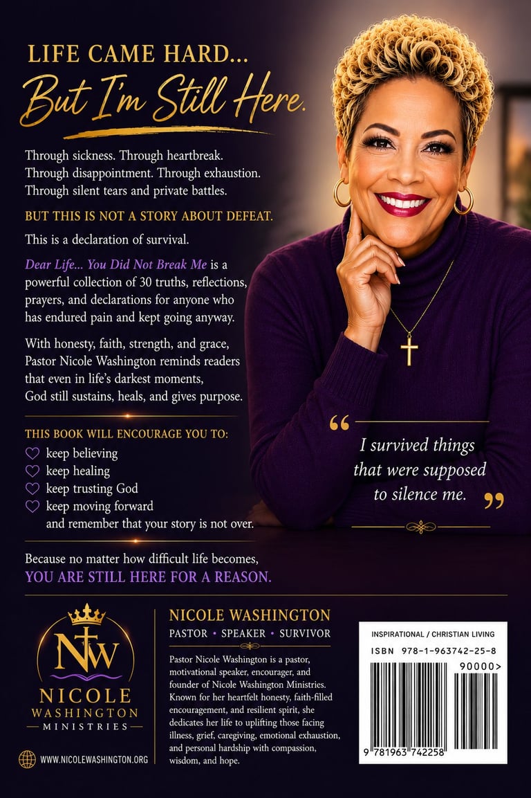 Book cover for Life Came Hard... But Im Still Here by Pastor Nicole Washington featuring her portrait and inspirational text about survival, faith, and refusing to be silenced