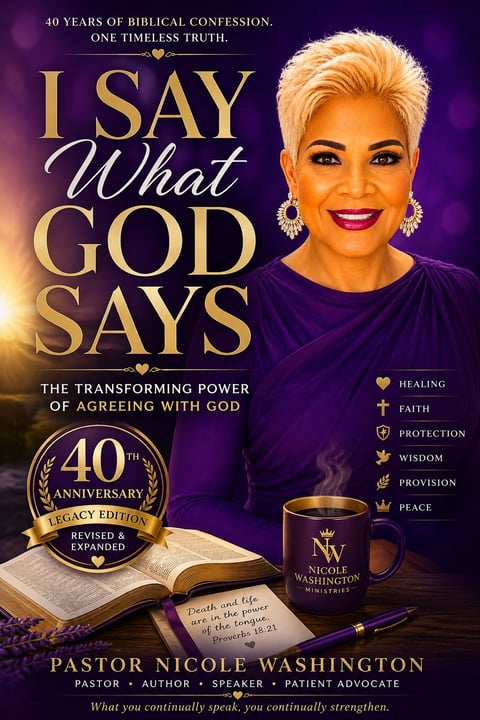 I Say What God Says 40th Anniversary Legacy Edition book cover — Pastor Nicole in purple drape dress with open Bible and NWM gold mug