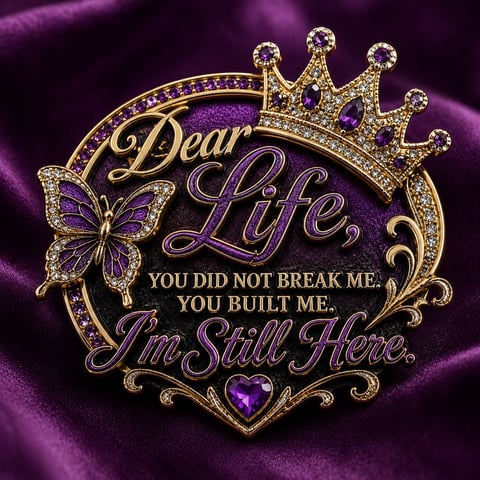 Golden decorative emblem with crown, butterfly, and heart on purple silk background with inspirational text about life