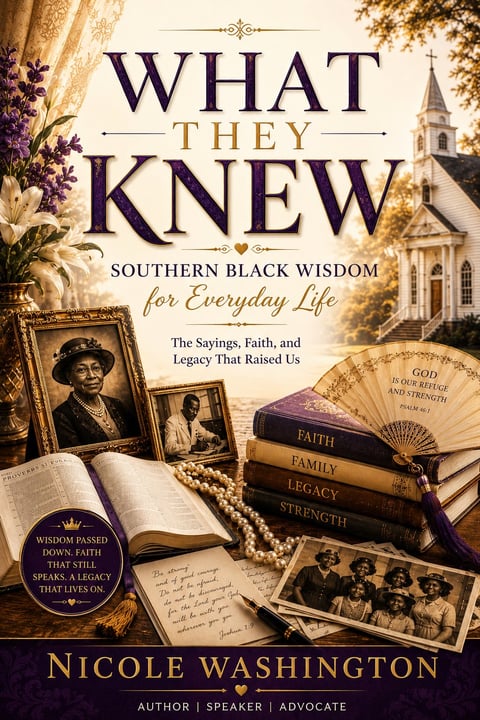 Book cover of What They Knew by Nicole Washington featuring Southern heritage imagery, stacked books, vintage photographs, and a church in the background