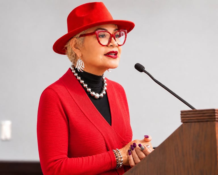 Woman in red hat and blazer speaking at podium with microphone