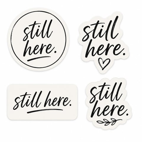 Four decorative stickers with still here text in cursive script on cream-colored backgrounds with various designs including hearts and leaf accents