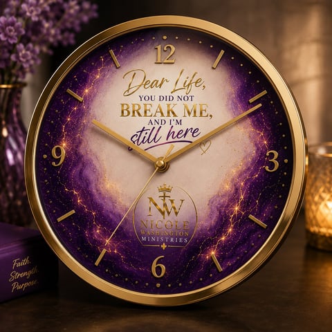 Gold-rimmed wall clock with purple galaxy background and text reading Dear Life, you did not break me, and I'm still here.