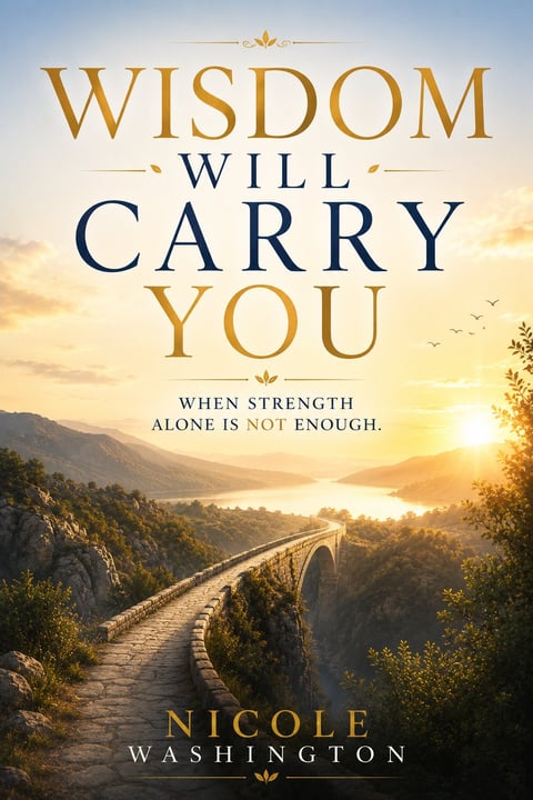 Book cover Wisdom Will Carry You by Nicole Washington showing a golden sunset over mountains and an arched bridge