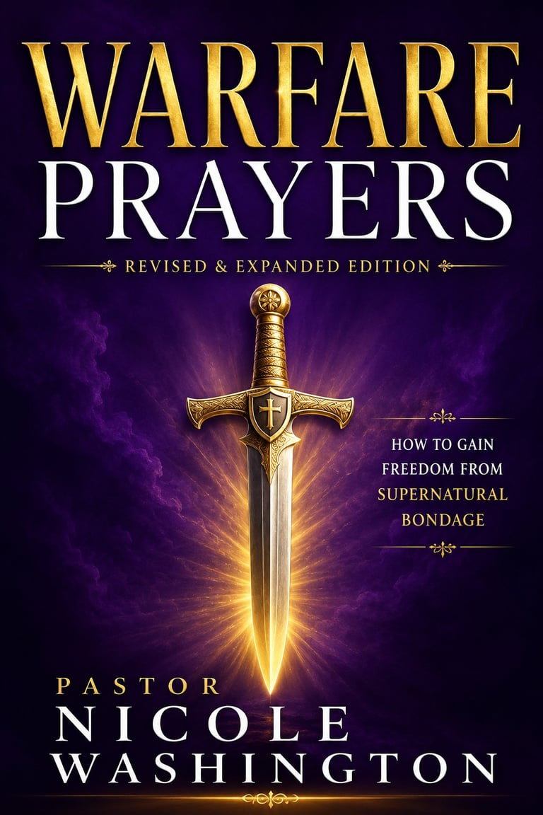 Book cover of Warfare Prayers by Pastor Nicole Washington featuring a glowing golden sword against a purple background