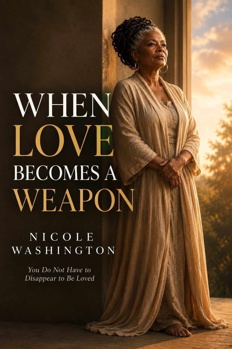 Book cover for When Love Becomes a Weapon by Nicole Washington featuring a woman in a beige flowing gown standing by a window with golden light
