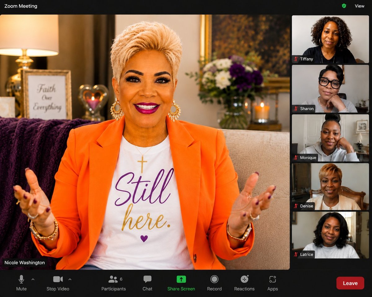 Zoom meeting with woman in orange blazer smiling at camera, five other participants visible in grid on right side