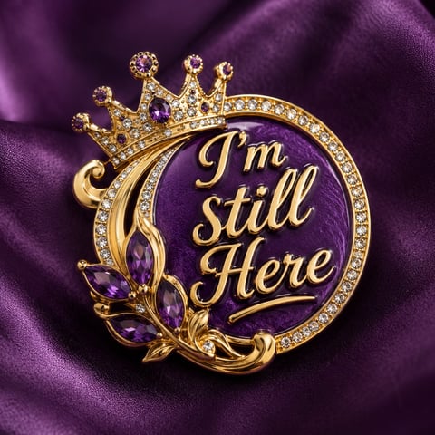 Gold ornate crown emblem with purple gemstones on purple velvet fabric, displaying text I'm still Here in gold script