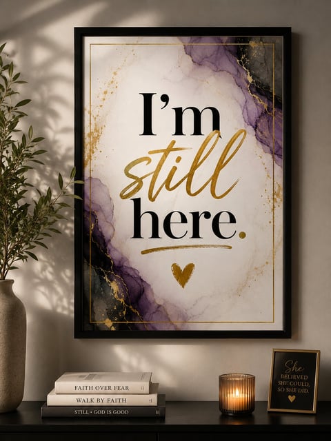 Framed inspirational poster with watercolor background displaying text Im still here. with a gold heart, positioned above books and candle.