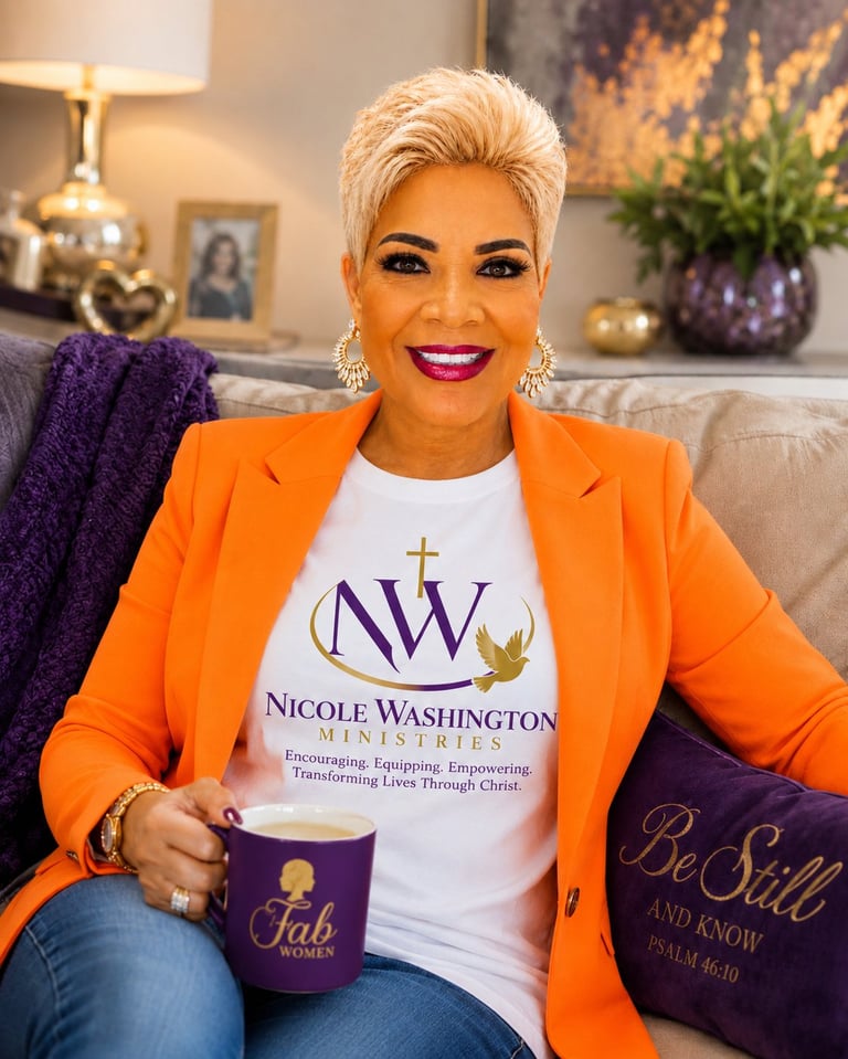 Pastor Nicole Washington with short white blonde hair, wearing an orange blazer over her Nicole Washington Ministries t-shirt, smiling warmly on a couch while holding a purple mug, with a 'Be Still and Know Psalm 46:10' pillow beside her