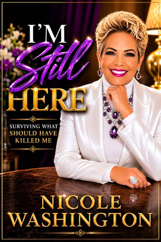 Book cover for I'm Still Here by Nicole Washington featuring a woman in white blazer with blonde hair and purple jewelry against a luxurious dark background