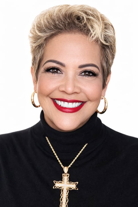 Professional headshot of a woman with short blonde hair, red lipstick, gold hoop earrings, and a gold cross necklace on a black turtleneck