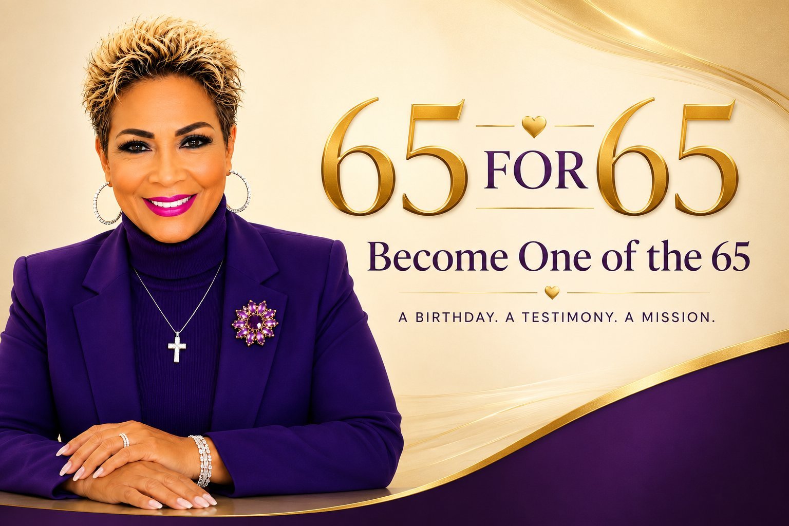 65 for 65 campaign banner — Pastor Nicole Washington in a purple blazer with the Become One of the 65 tagline on a cream and gold background