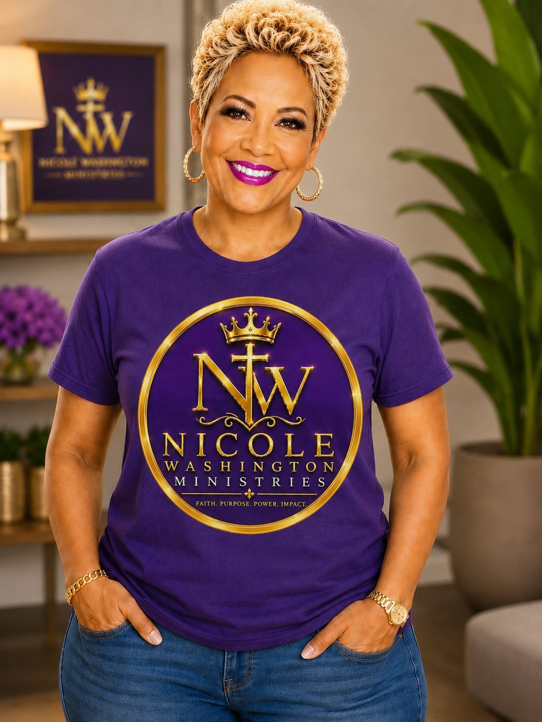 Woman wearing a purple Nicole Washington Ministries t-shirt and jeans, standing in an office with plants and religious decor