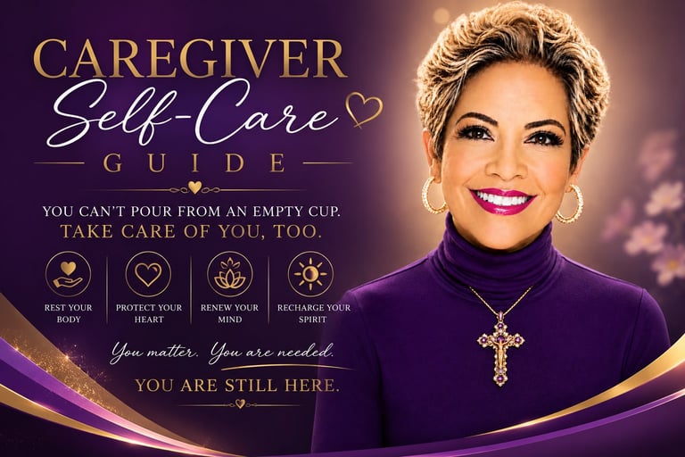 Caregiver Self-Care Guide featuring a woman with short blonde hair in purple clothing with gold cross necklace against purple gradient background with wellness icons