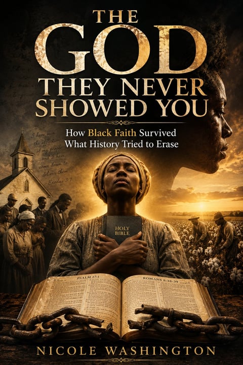 Book cover for The God They Never Showed You by Nicole Washington featuring a Black woman holding a Bible with a church and cotton field in background