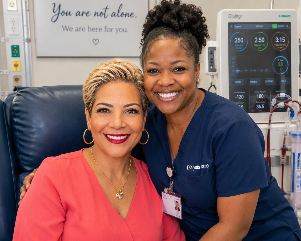 Two smiling women posing together in a medical office with supportive signage and medical equipment visible in the background
