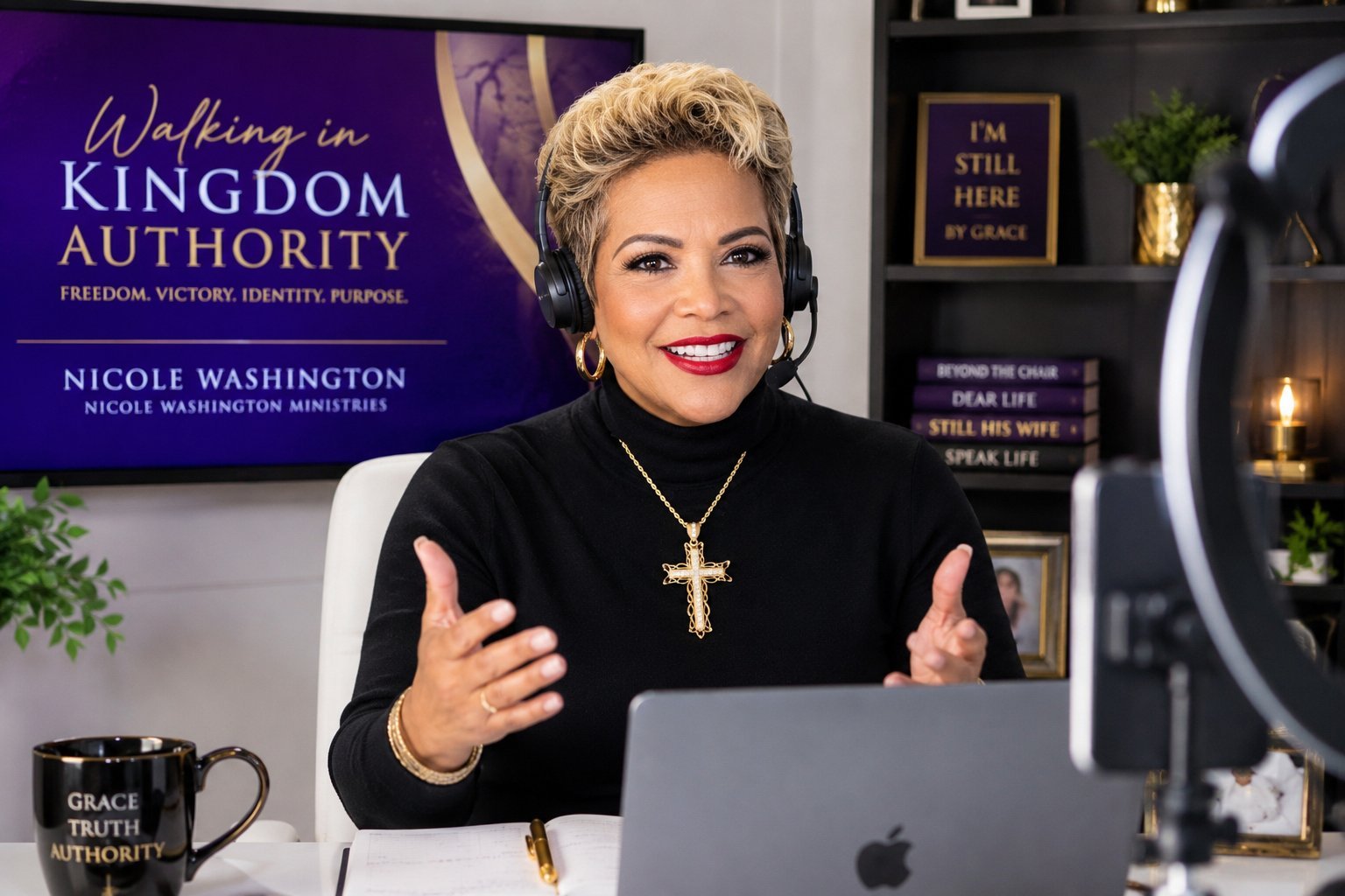 Woman in black turtleneck with blonde hair wearing gold cross necklace speaking to camera with laptop, bookshelf background