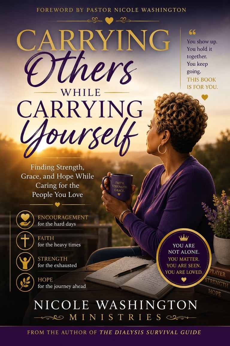 Book cover for Carrying Others While Carrying Yourself by Nicole Washington, featuring a woman in purple holding a book at sunset