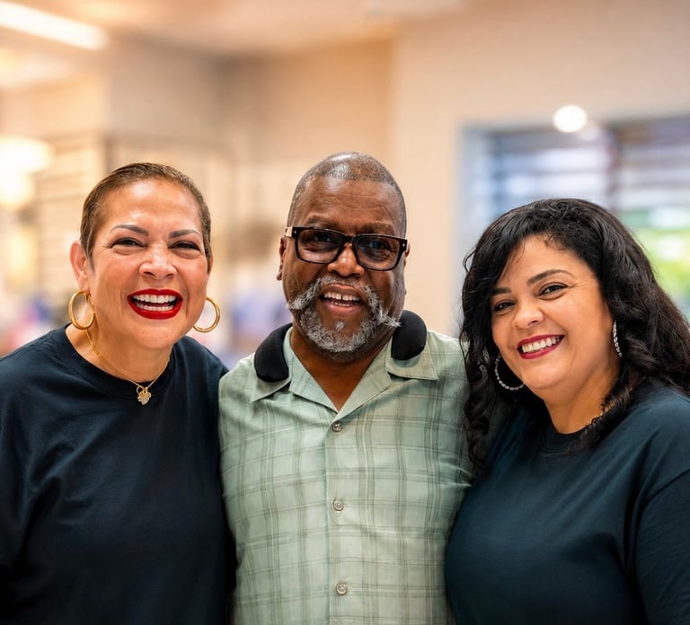 Three smiling people posing together indoors. A woman in black with gold hoop earrings, a man in glasses and plaid shirt, and another woman in black.