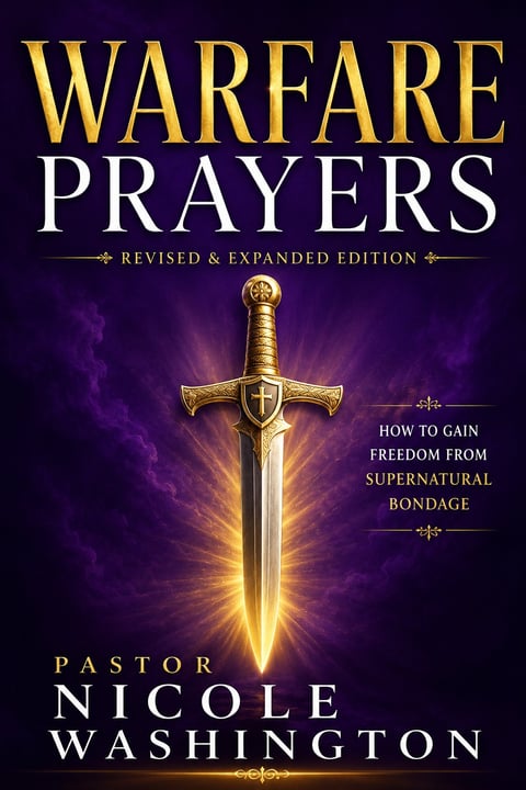 Warfare Prayers book cover — sword and shield design, purple and gold