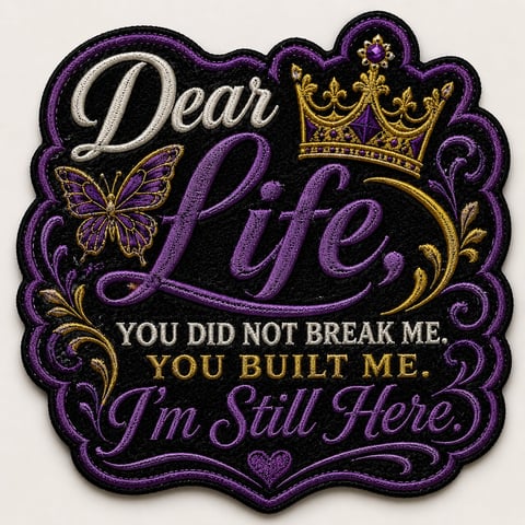 Decorative purple patch with gold accents featuring inspirational text Dear Life, You Did Not Break Me, You Built Me, Im Still Here with crown and butterfly design