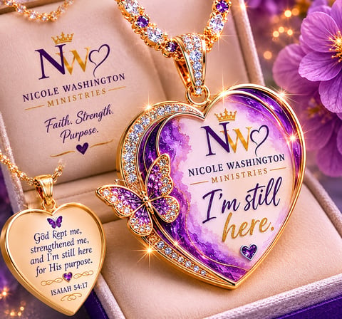 Gold heart pendant necklace with purple gemstones and Im still here text from Nicole Washington Ministries collection