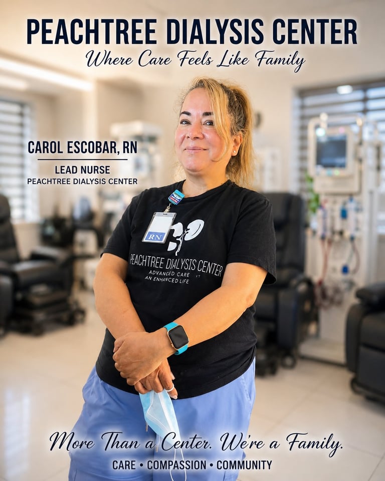 Carol Escobar, RN, Lead Nurse at Peachtree Dialysis Center, standing in the clinical setting wearing a black Peachtree Dialysis Center shirt, with 'More Than a Center. We're a Family. Care. Compassion. Community.' overlay