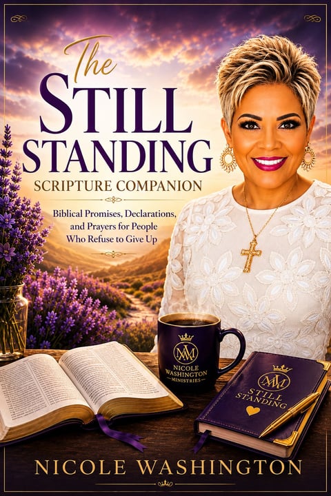 Book cover of The Still Standing Scripture Companion by Nicole Washington featuring her portrait with an open Bible and branded mug on a table