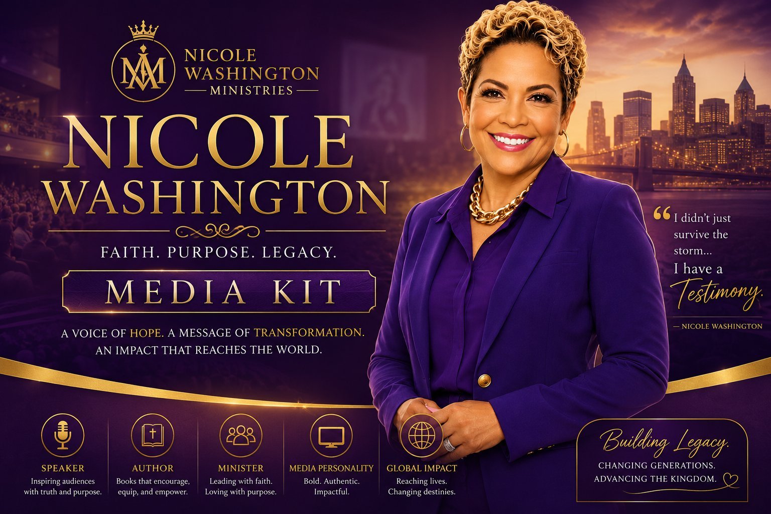Nicole Washington Ministries media kit featuring Nicole in a purple blazer with NYC skyline background, highlighting faith, purpose, and legacy themes