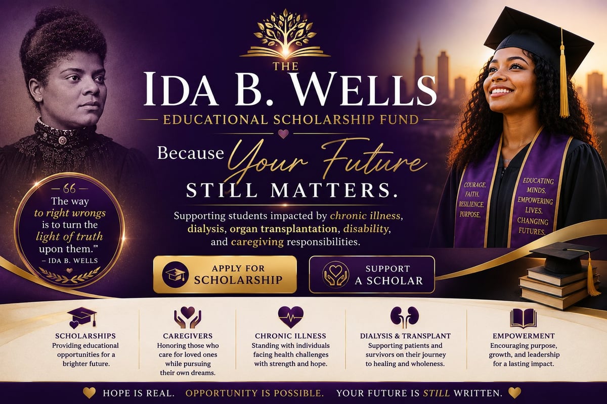 Ida B. Wells Educational Scholarship Fund promotional graphic featuring a historical portrait and graduate in cap and gown, with scholarship application information and support options