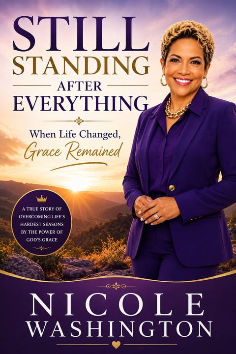 Book cover for Still Standing After Everything by Nicole Washington featuring a woman in purple blazer against a sunset mountain background