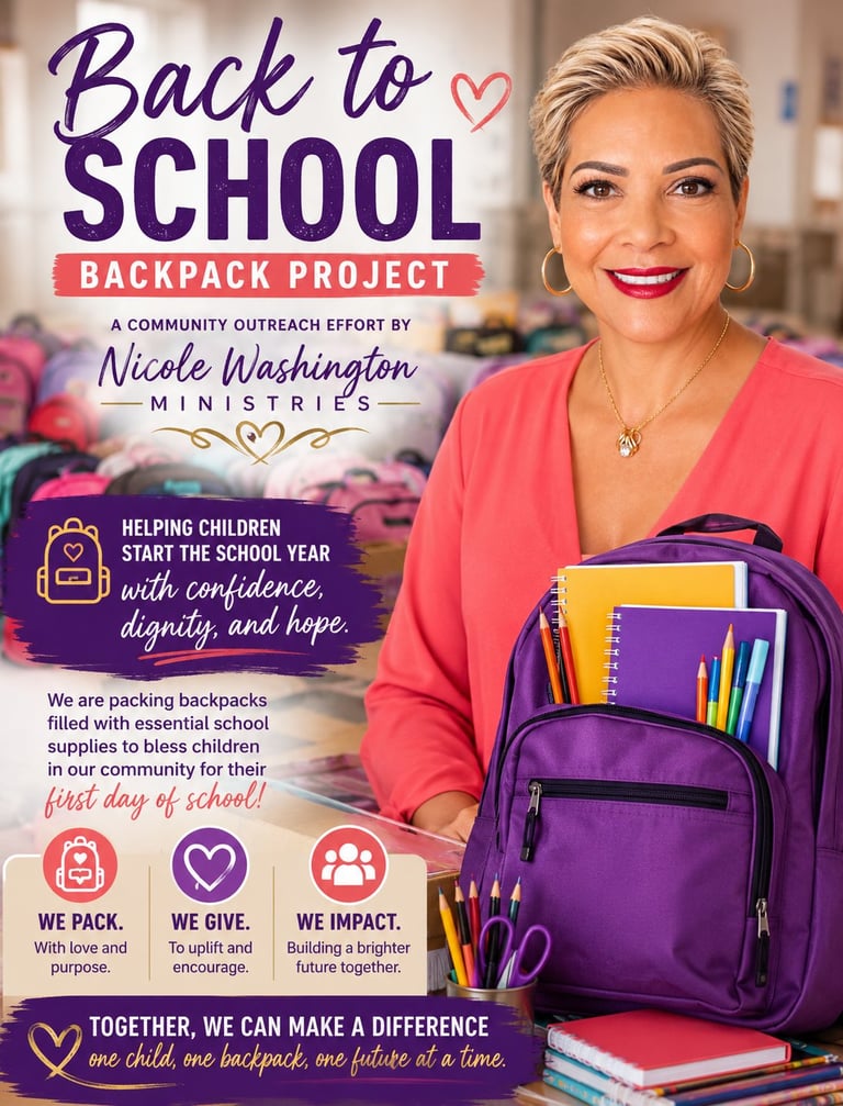 Woman in coral top holds purple backpack filled with school supplies for Back to School Backpack Project by Nicole Washington Ministries