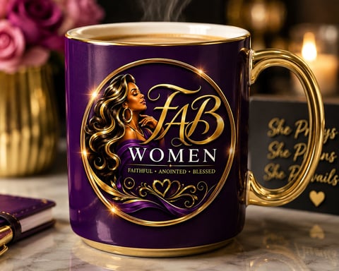 Purple and gold FAB Women mug with silhouette profile and decorative text, positioned on marble surface with flowers and candles