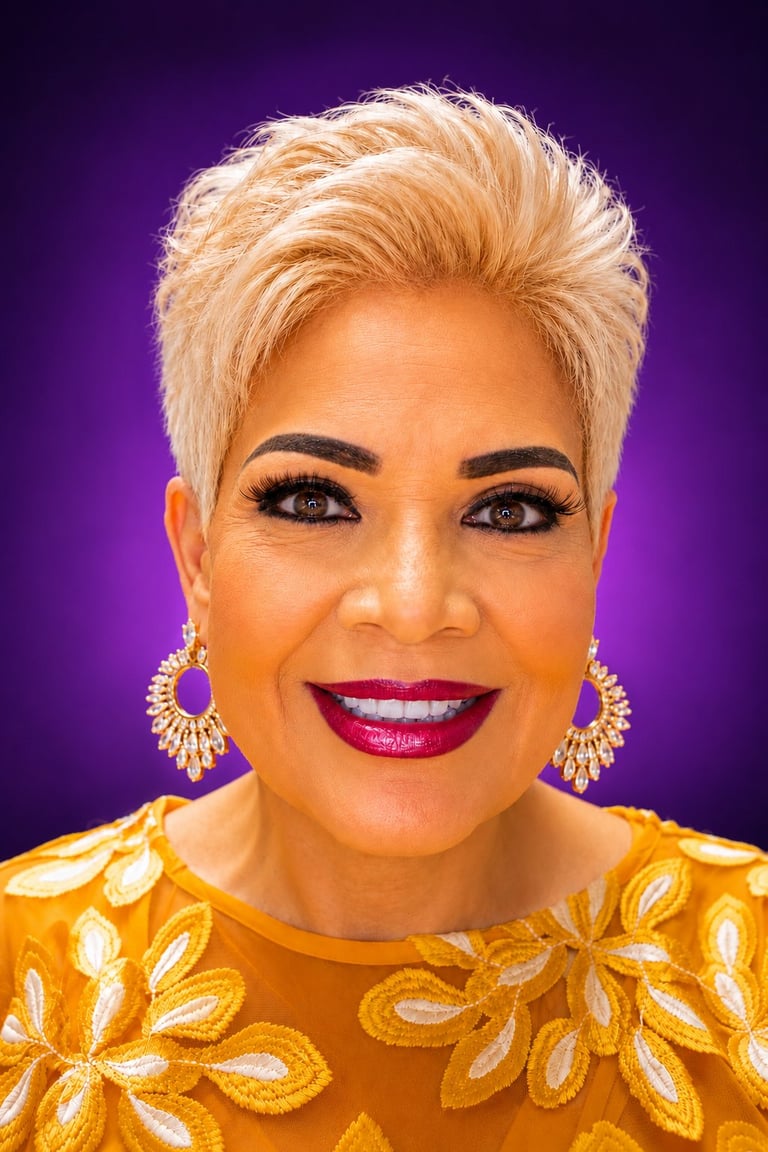Professional headshot of a woman with short platinum blonde hair, bold makeup with burgundy lipstick, gold hoop earrings, and a mustard yellow patterned top against a purple background