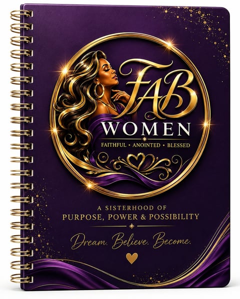 FAB Women spiral notebook cover with gold portrait of woman, purple background, and motivational text about sisterhood and empowerment