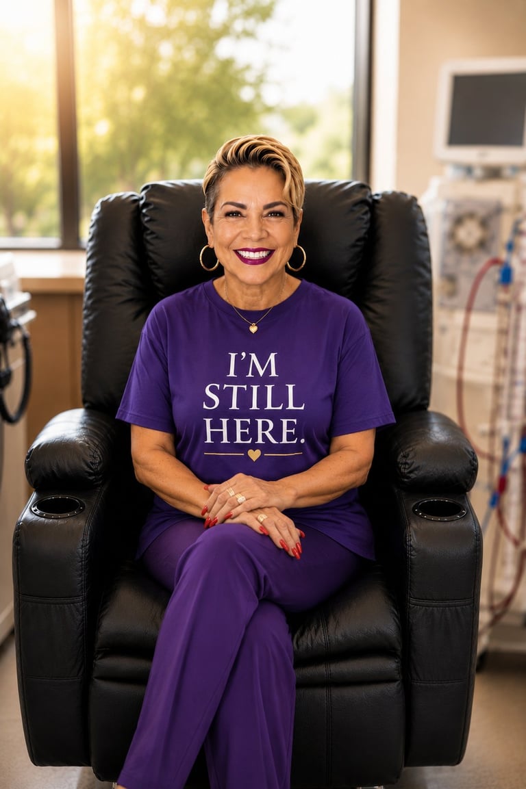 Nicole Washington in her purple 'I'm Still Here' ministry shirt — the founder of IMPACT Black Kidney Health