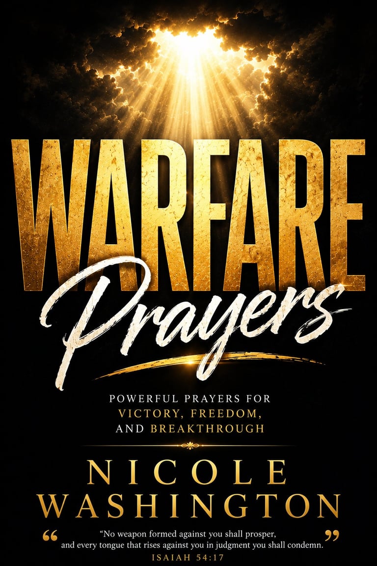 Book cover for Warfare Prayers by Nicole Washington featuring golden text and heavenly light rays on dark background