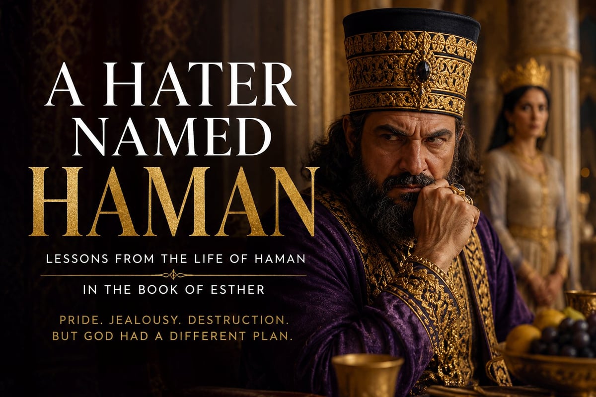 A bearded man wearing an ornate crown and purple robes sits pensively, with book cover text reading A Hater Named Haman: Lessons from the Life of Haman in the Book of Esther