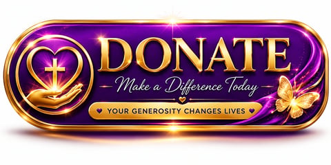 Purple and gold donation button with cross and butterfly symbols, text reading Donate - Make a Difference Today - Your Generosity Changes Lives
