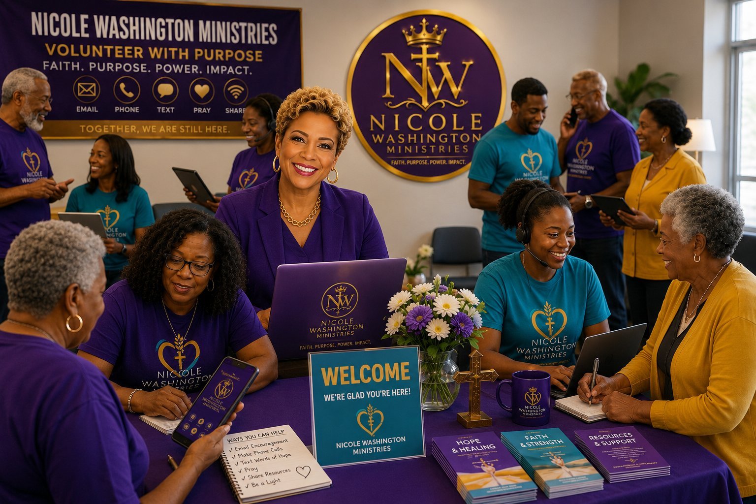 Nicole Washington Ministries volunteers at a welcome table wearing purple and teal, with signage and materials displayed in an office setting.