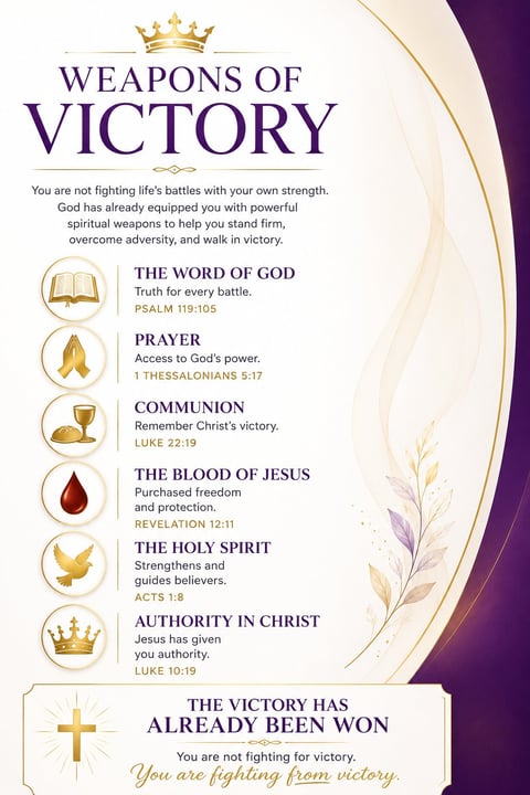 Religious infographic titled Weapons of Victory listing six spiritual weapons including the Word of God, Prayer, Communion, Blood of Jesus, Holy Spirit, and Authority in Christ with corresponding Bible verses.