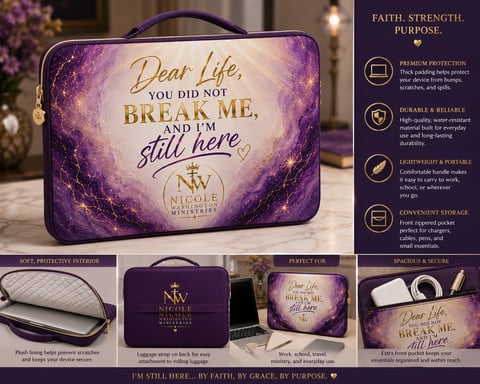 Purple inspirational Bible case with motivational text Dear Life, you did not break me and product detail showcases