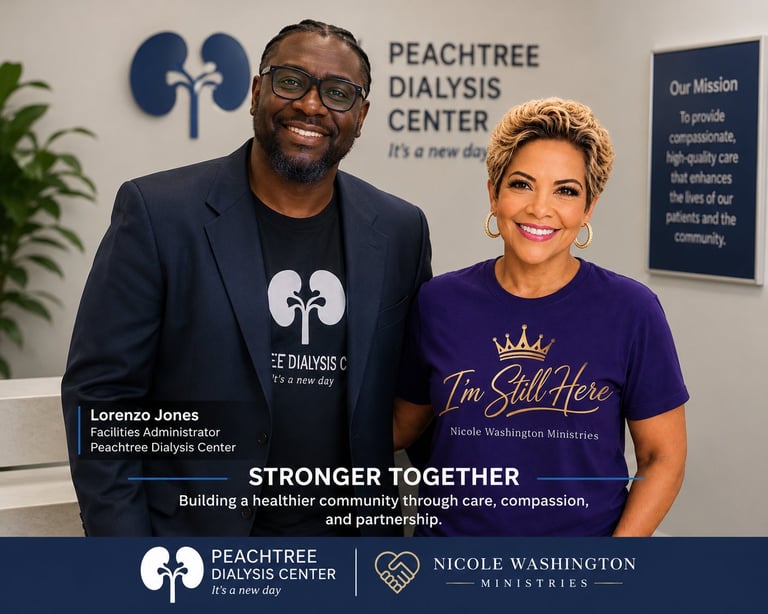 Nicole Washington with Lorenzo Jones, Facilities Administrator of Peachtree Dialysis Center — community engagement with local dialysis communities that institutional partners can extend