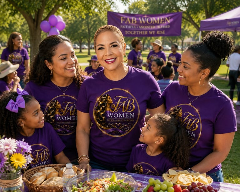 Group of women and girls wearing matching purple FAB Women t-shirts at an outdoor community event in a park with food and decorations