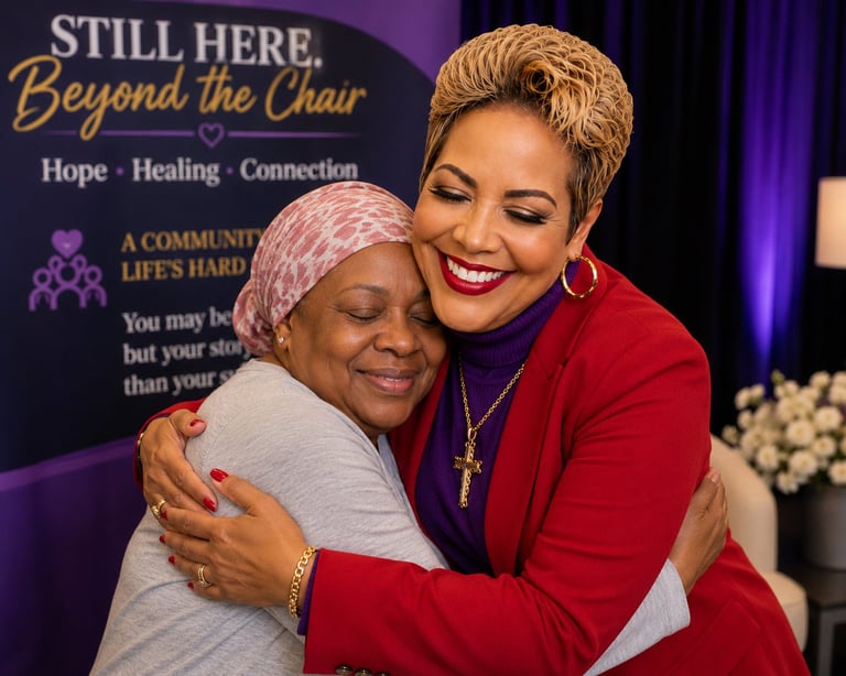 Two women embracing warmly at a Still Here Beyond the Chair community event — the real people IMPACT is designed to reach