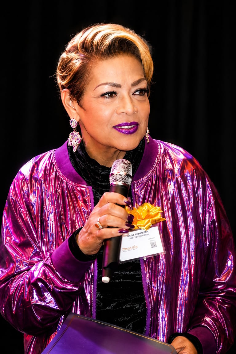 Woman with short blonde hair wearing a shimmering magenta jacket and purple lipstick, holding a microphone and speaking at an event.